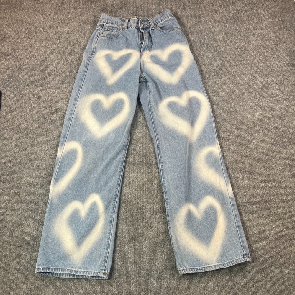 Adika Womens Heart Denim Jeans Y2K Bleached Light Wash Cute Festival XS